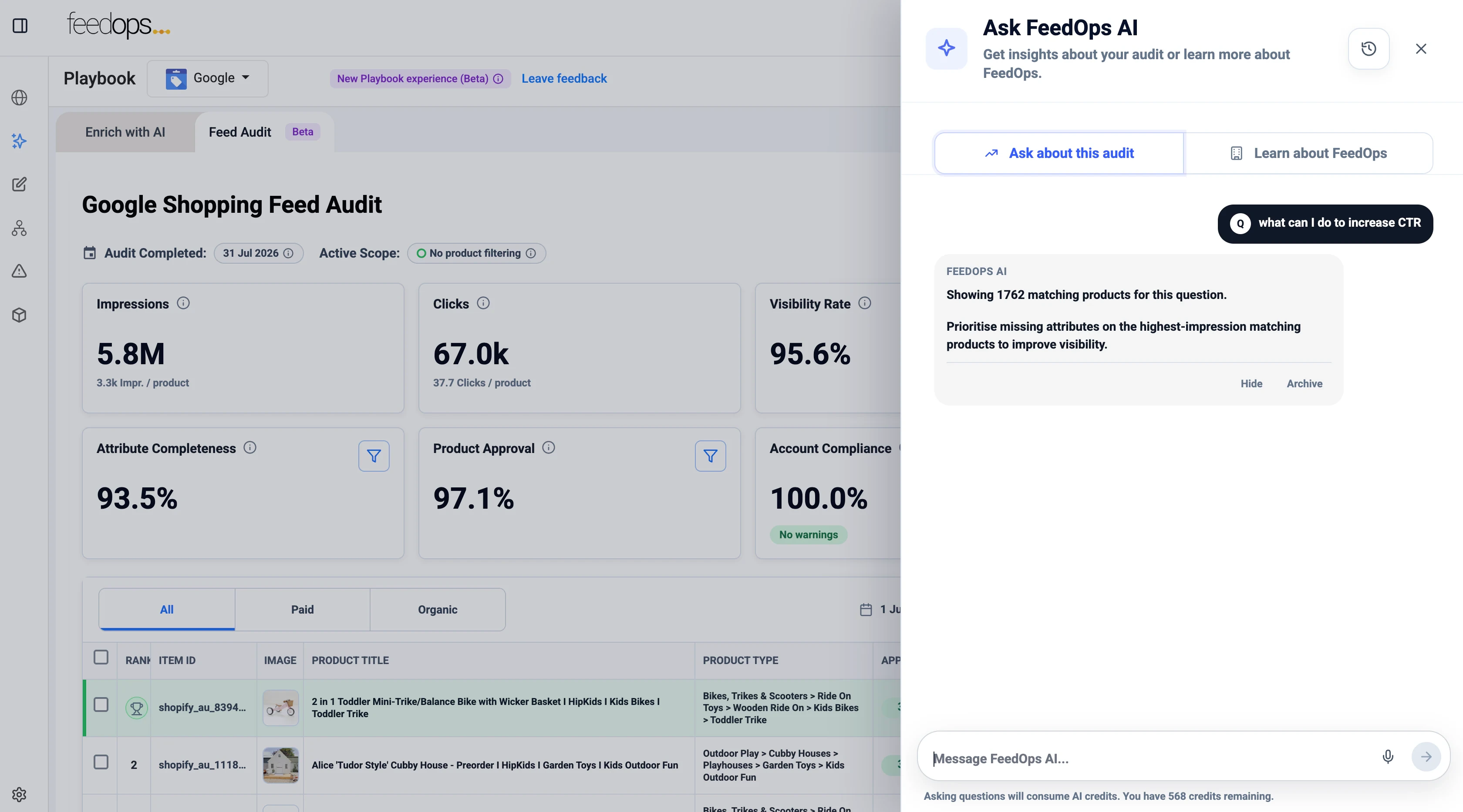 Ask FeedOps AI answering how to improve click-through rate using Google Shopping Feed Audit findings