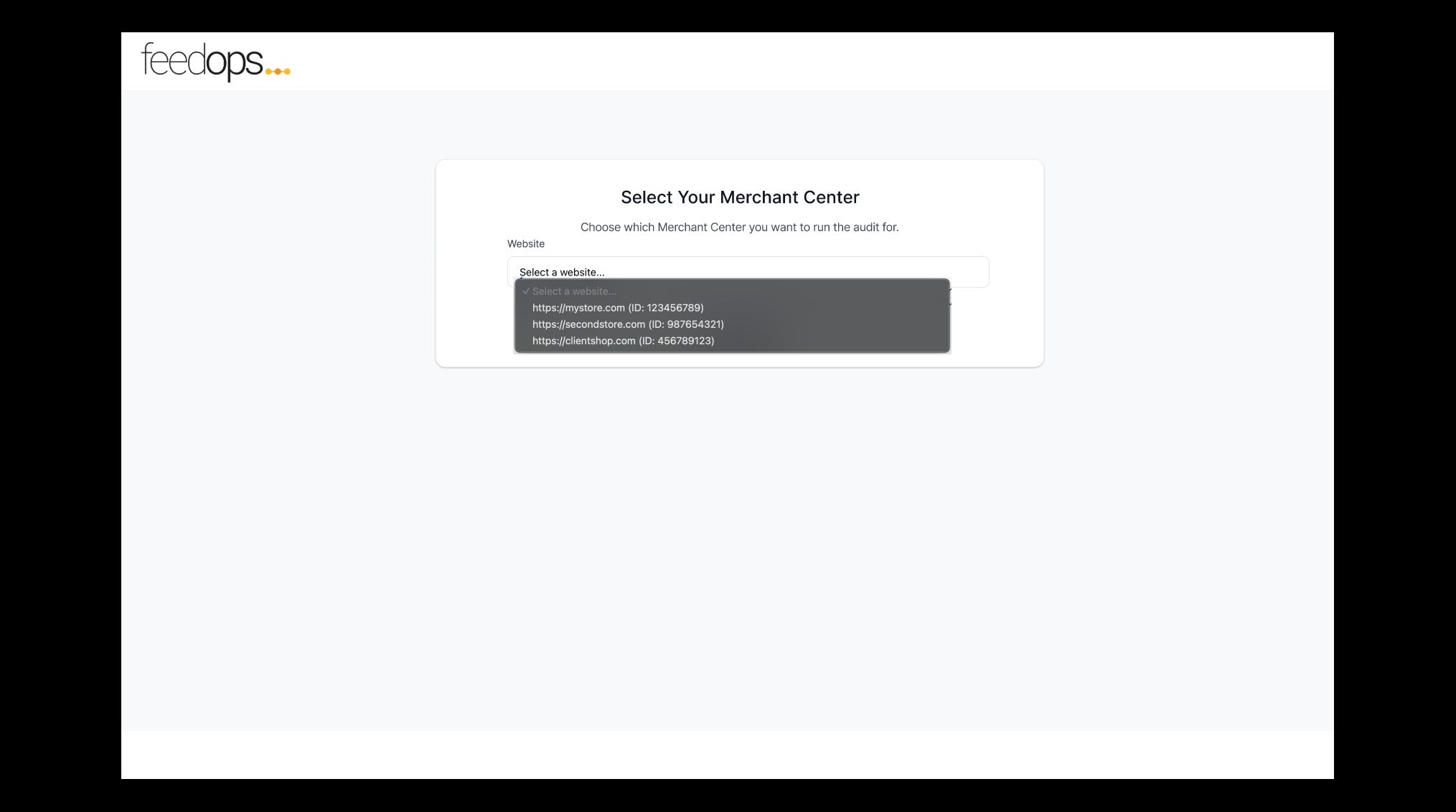 Merchant Center dropdown screen