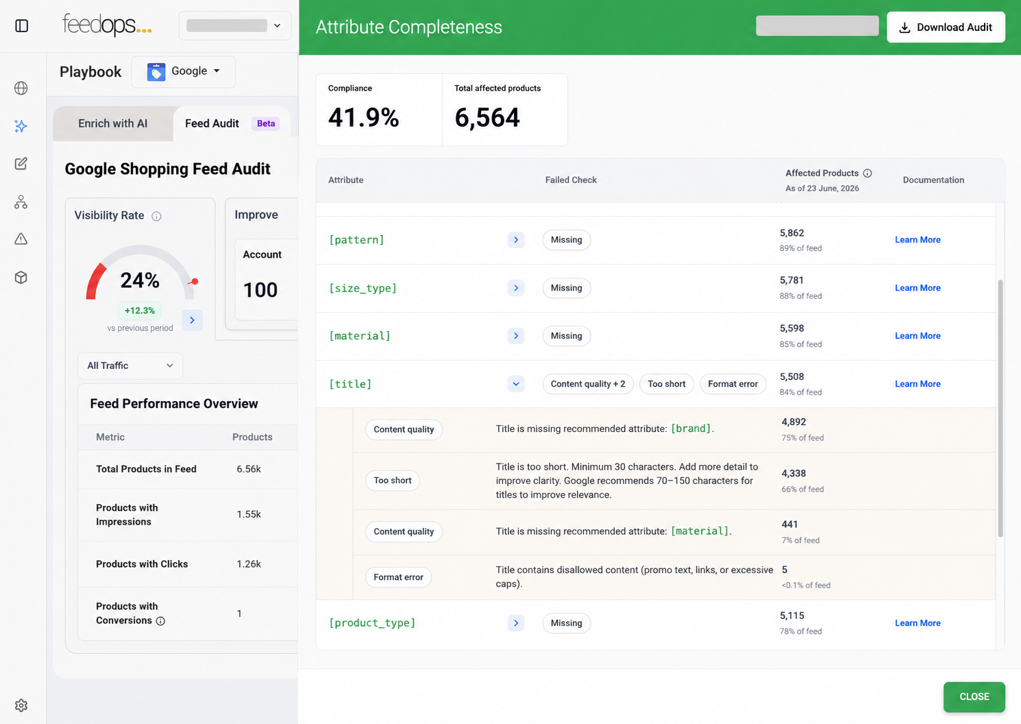 FeedOps Free Google Shopping Feed Audit - attribute completeness for titles, product types, variants, and product attributes