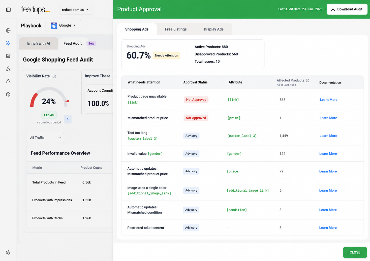 FeedOps Free Google Shopping Feed Audit - product approval by Shopping ads, free listings, and display ads