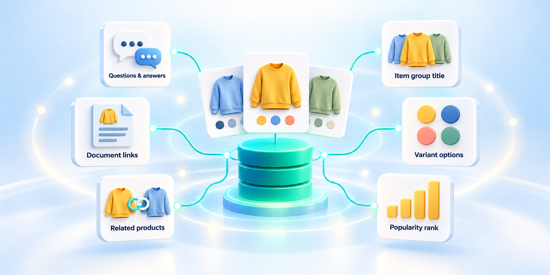 Conversational shopping illustration showing a natural-language question connected to structured product attributes and relevant product choices.