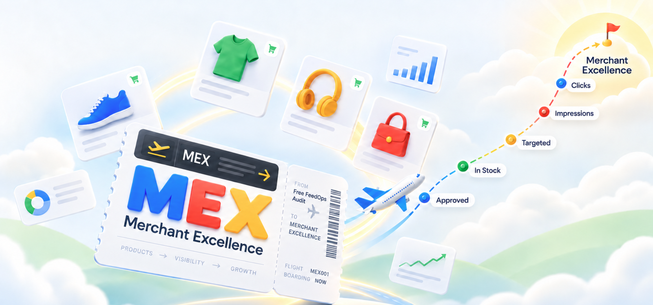 Google Merchant Center Excellence report journey from products through approval, stock, targeting, impressions and clicks to merchant excellence.