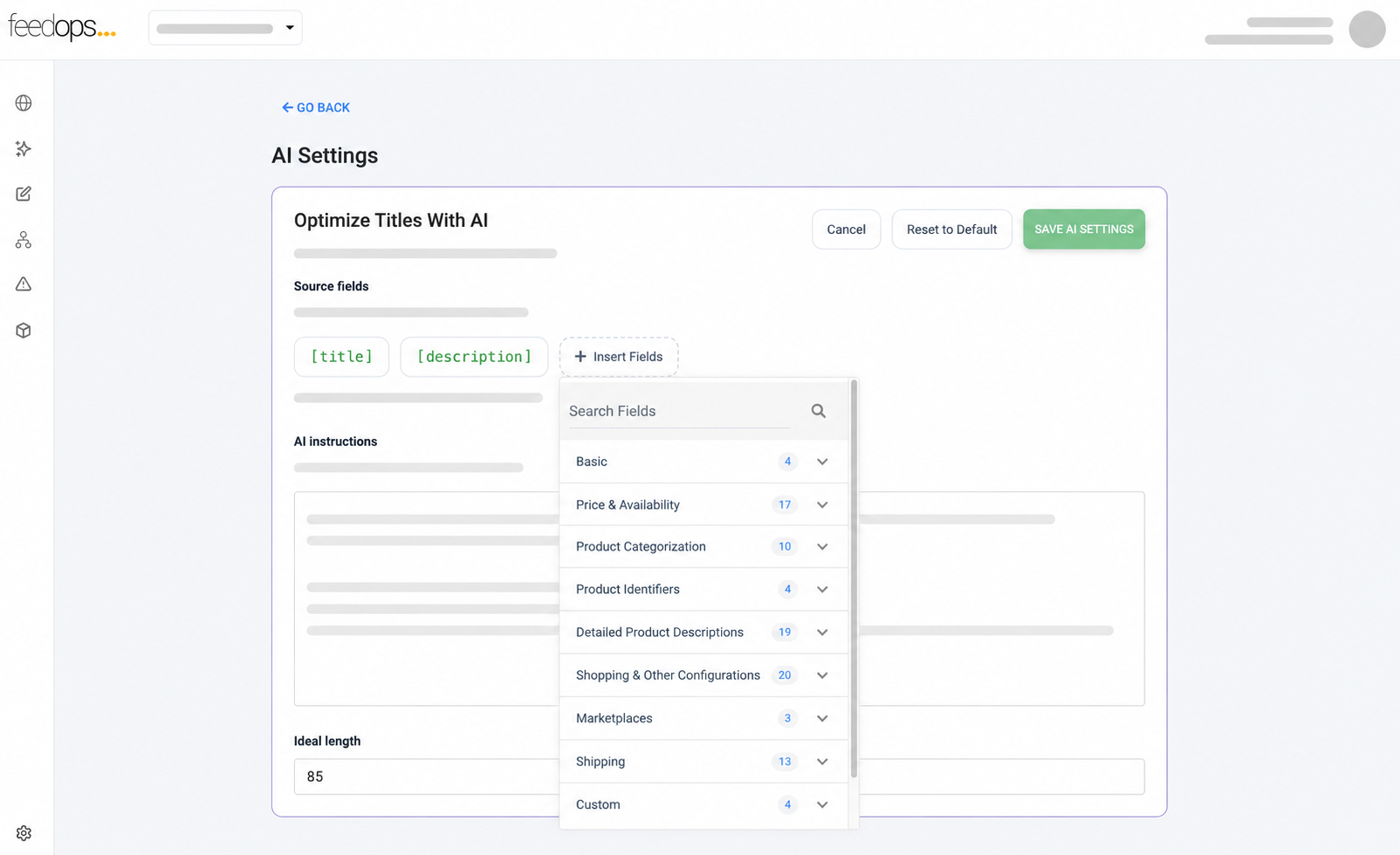 FeedOps product feed platform AI settings showing configurable source fields, AI instructions, insert fields, and save settings controls