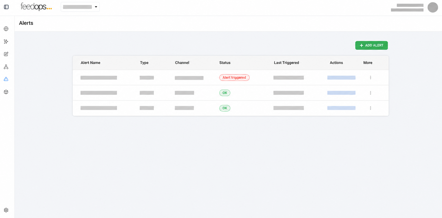 FeedOps product feed platform alerts dashboard showing alert status, triggered alerts, OK statuses, add alert controls, and alert action controls