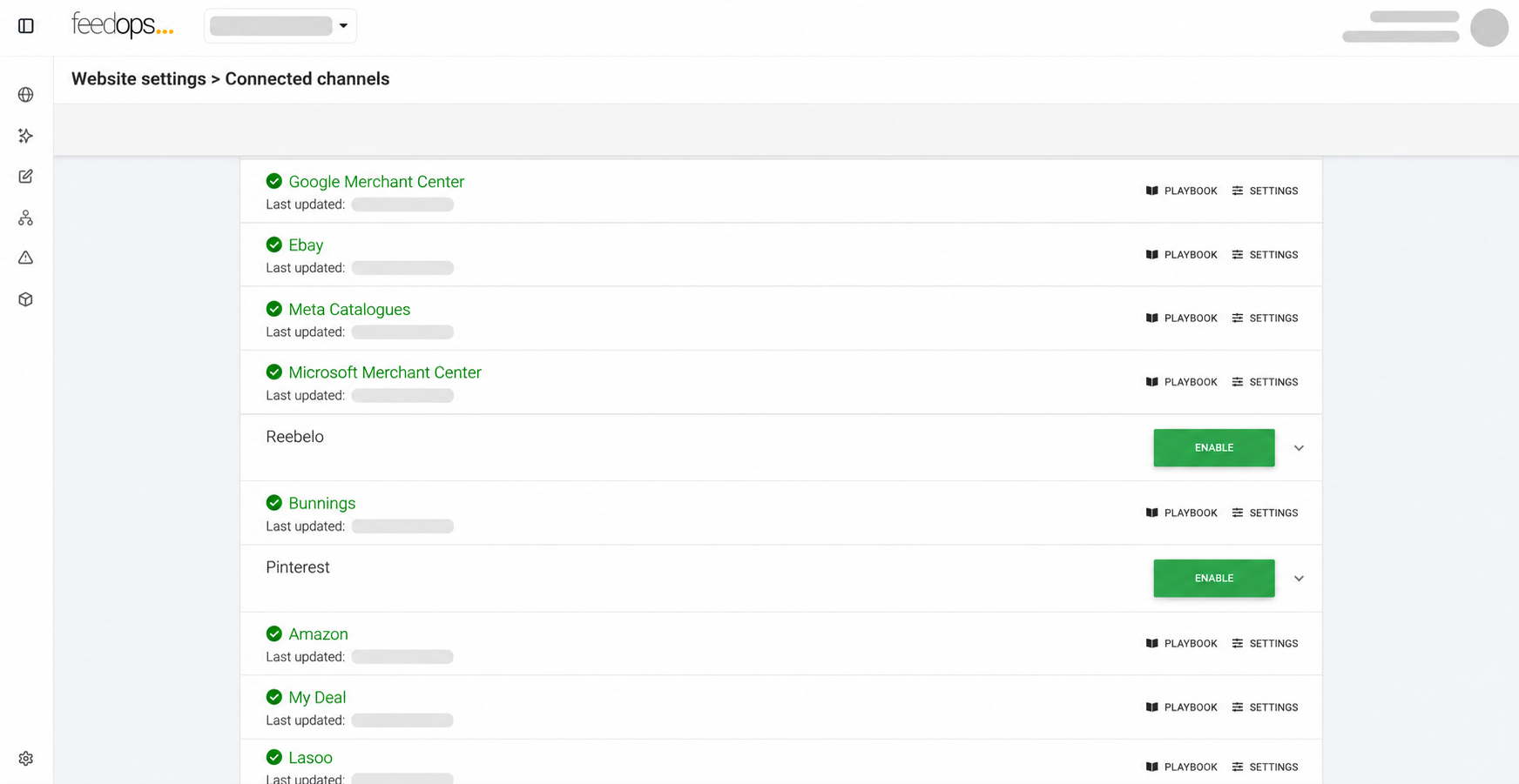 FeedOps product feed platform connected channels screen showing enabled shopping, marketplace, and media destinations with playbook and settings controls