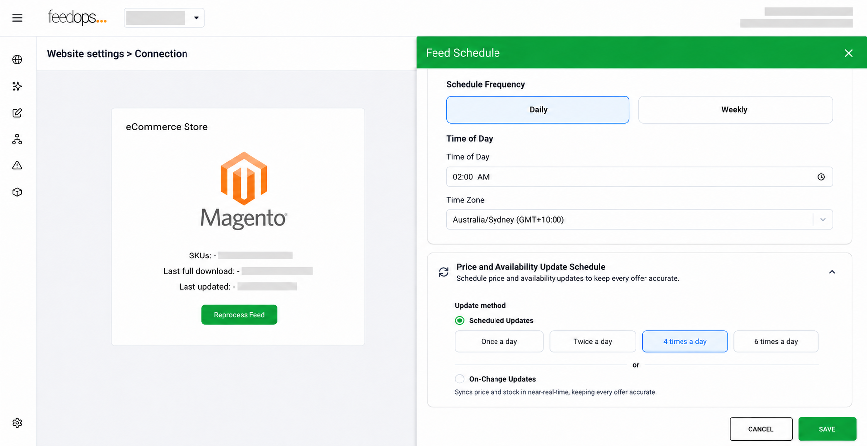 FeedOps product feed platform connections screen showing ecommerce connection settings, feed schedule controls, price and availability update frequency, and save controls