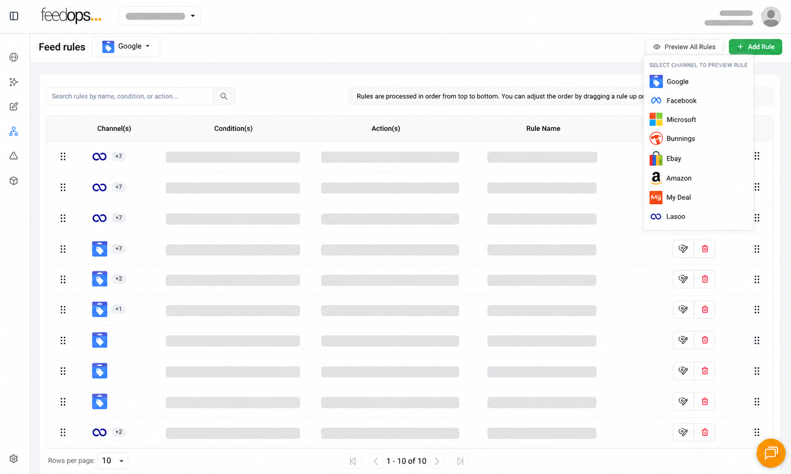 FeedOps product feed platform feed rules dashboard showing rule search, channel preview, conditions, actions, rule names, and add rule controls