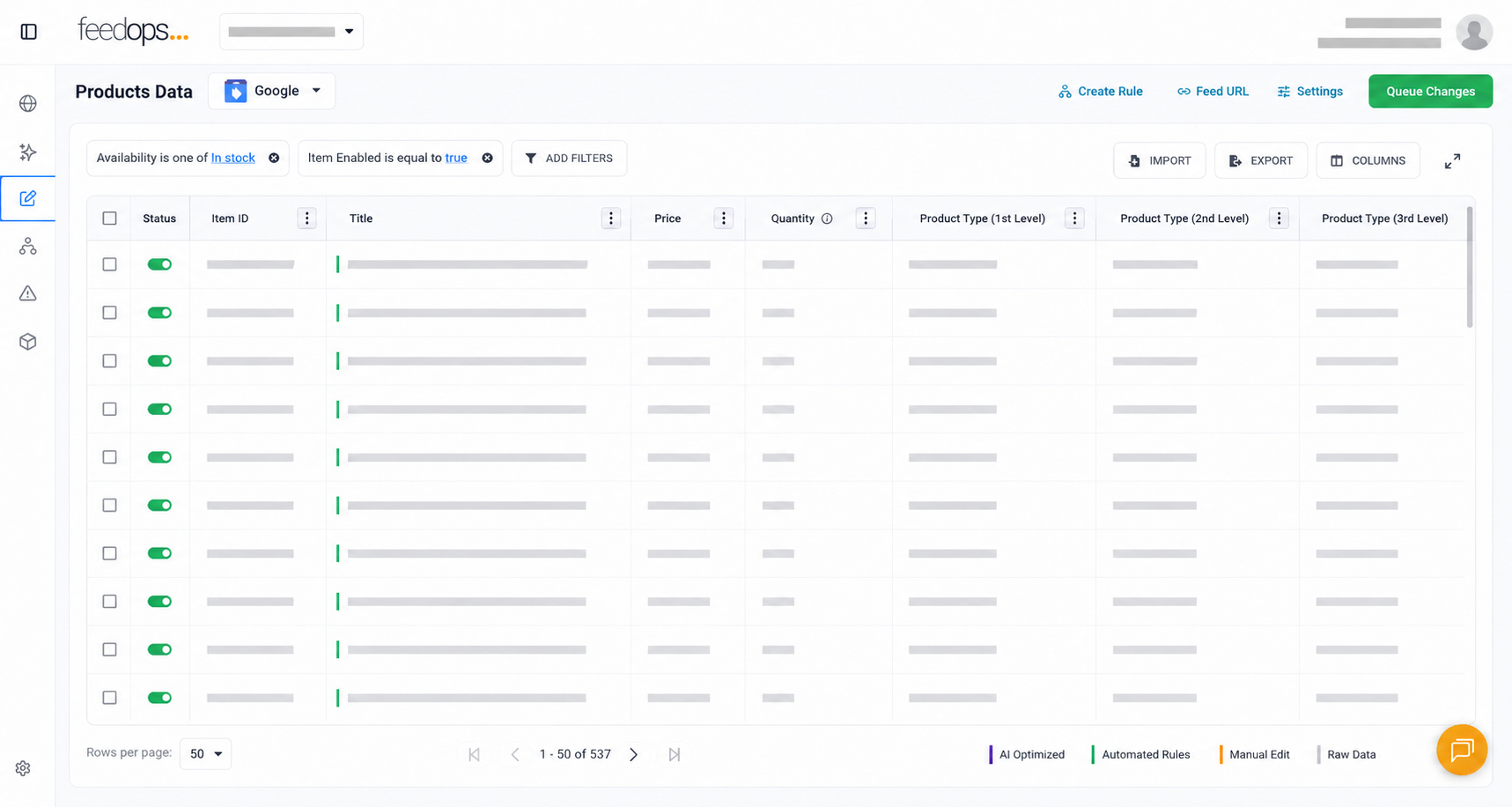 FeedOps product feed platform product data dashboard showing channel filters, product rows, import, export, and queue changes controls