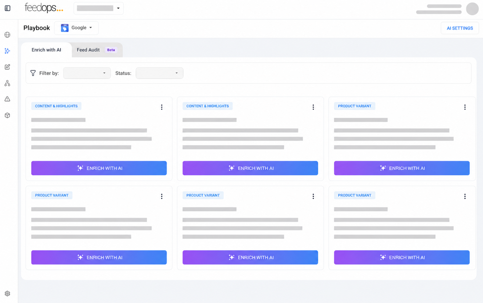 FeedOps product feed platform Enrich with AI showing enrichment cards for content highlights and product variants