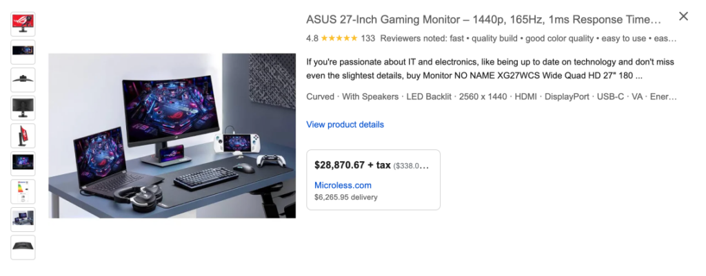 Product image showcasing tailored titles for product categories: ASUS 27-Inch Gaming Monitor – 1440p resolution, 165Hz refresh rate, 1ms response time, G-Sync compatible.