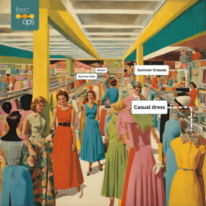 60s inspired image of shoppers looking at different product types