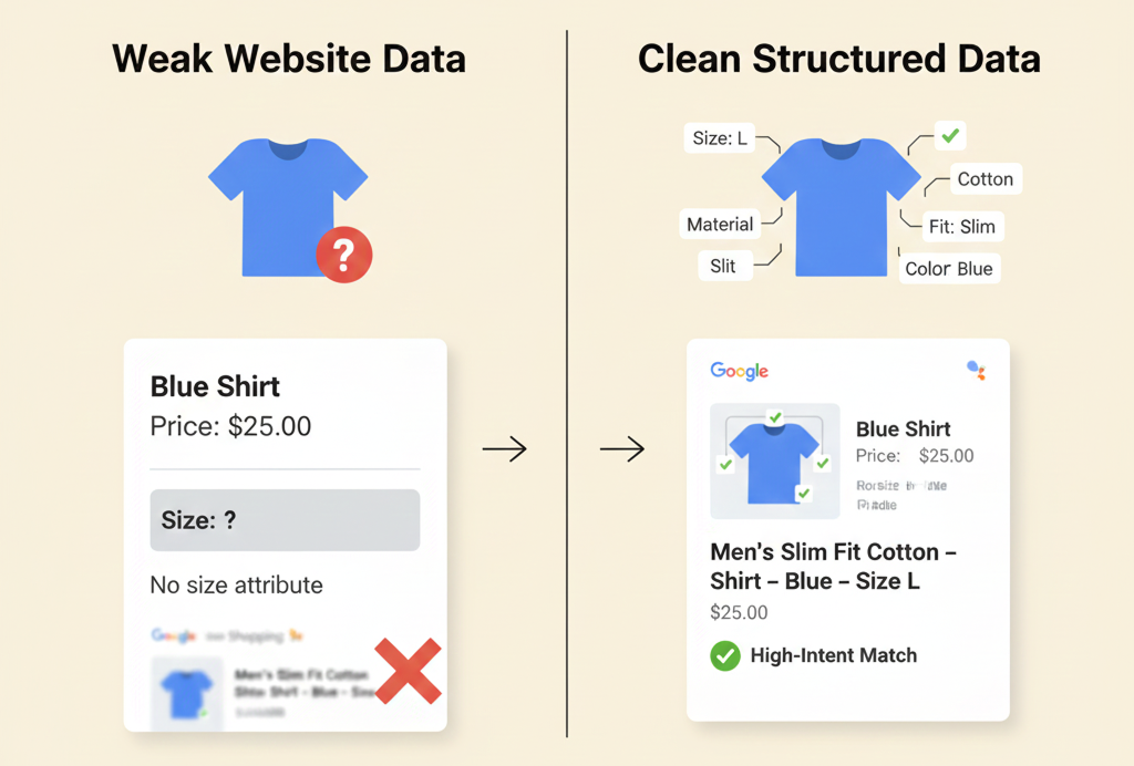 An infographic showing how high-quality website data (size, material, fit) creates better Google Shopping ads compared to poor data which leads to generic, low-performing ads.