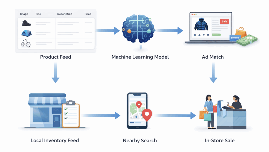 Diagram visualizing the AI advertising flow showing product feeds processed by machine learning to match ads and drive online sales, plus local inventory feeds powering nearby search and in-store sale